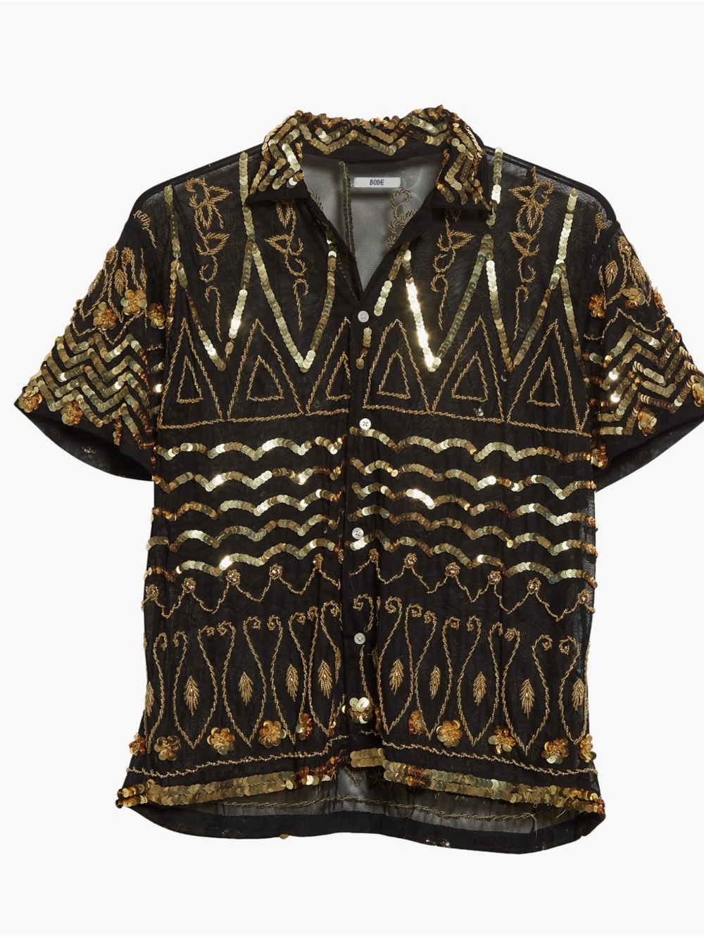 Men's Black Sequin Button-Down Shirt with Gold Embroidery Bode